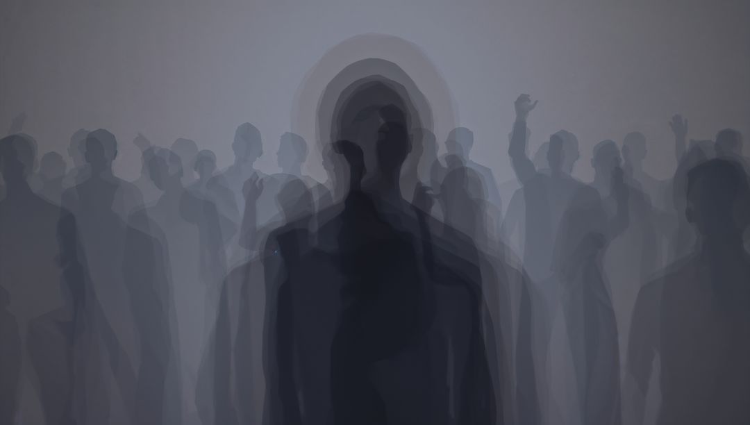 Surreal Crowd with Central Figure Creating Layered Halo and Ghosting Anonymity