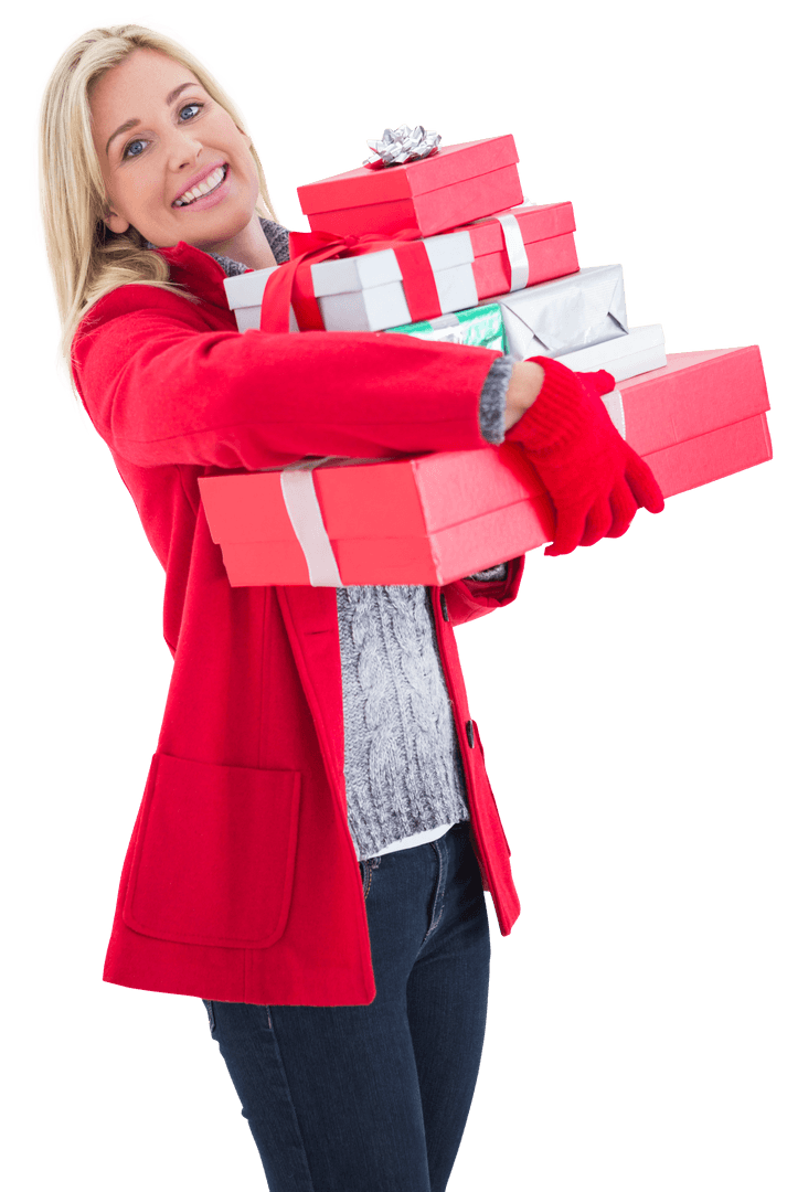 Smiling Woman in Red Coat Holding Many Transparent Holiday Gift Boxes