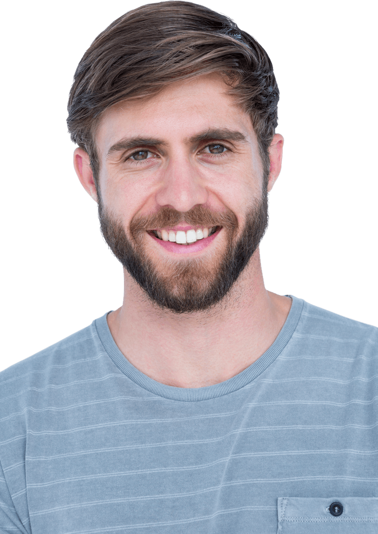 Smiling Man Wearing Stripe Gray Shirt on Transparent Background