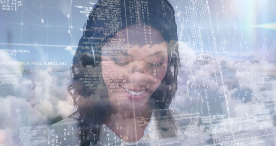 Smiling Businesswoman in Call with Digital Data Overlay and Cloud Background