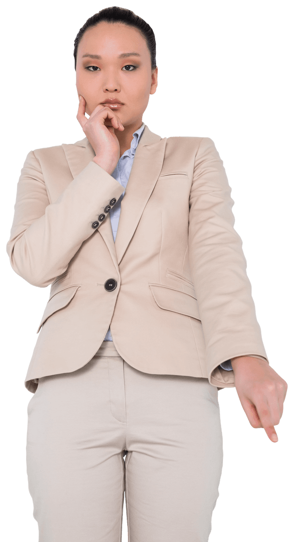 Focused Asian Businesswoman with Hand Gesture Transparent Background