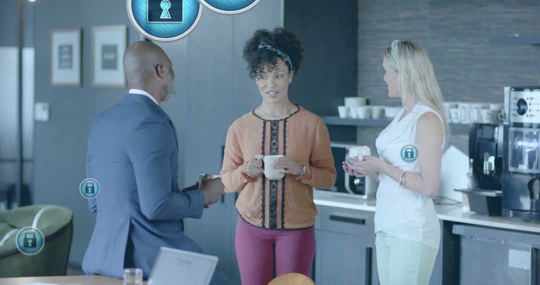 Business Team in Office with Data Security Icons Overlay