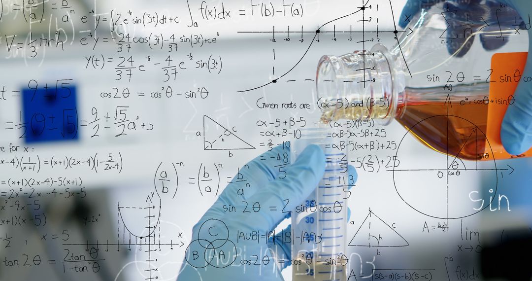 Image of mathematical equations on mid section of scientist performing experiment at laboratory - Free Images, Stock Photos and Pictures on Pikwizard.com