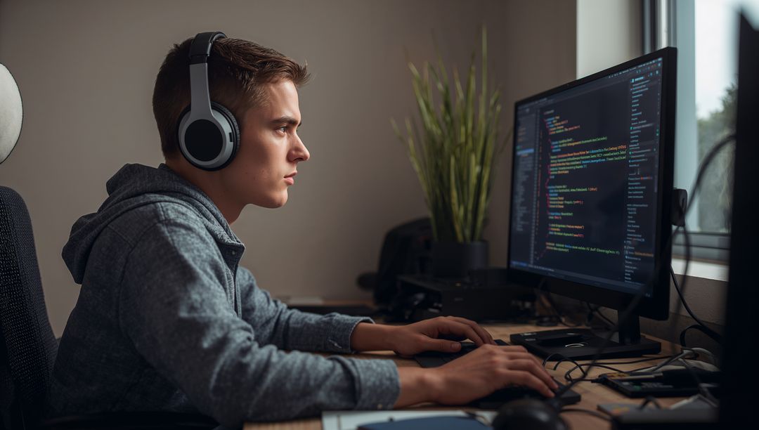 Teen Computer Programmer Coding at Home Desk