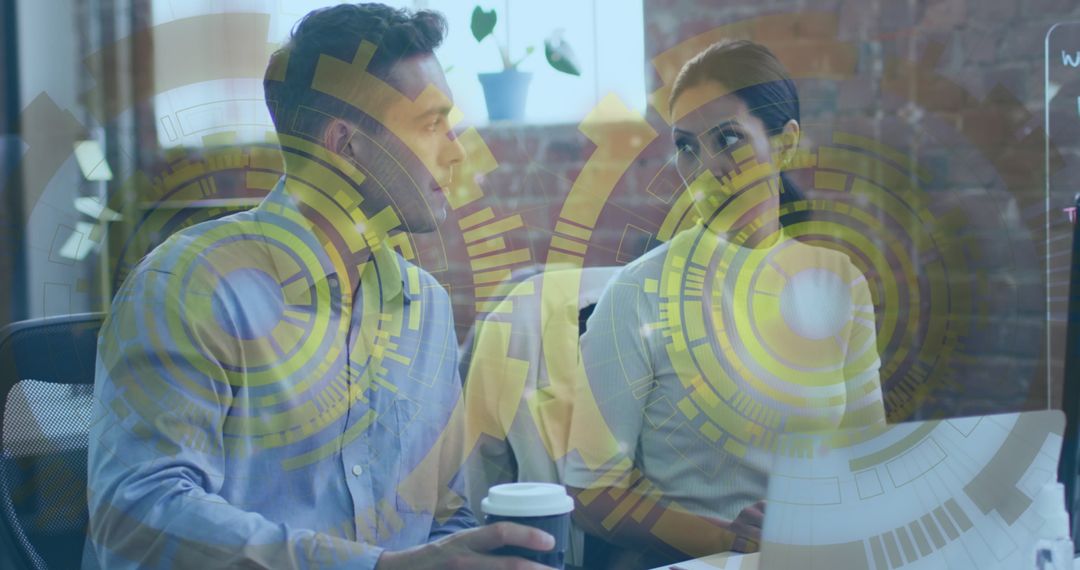 Coworkers Collaborating in Modern Office with Digital Interface Overlay