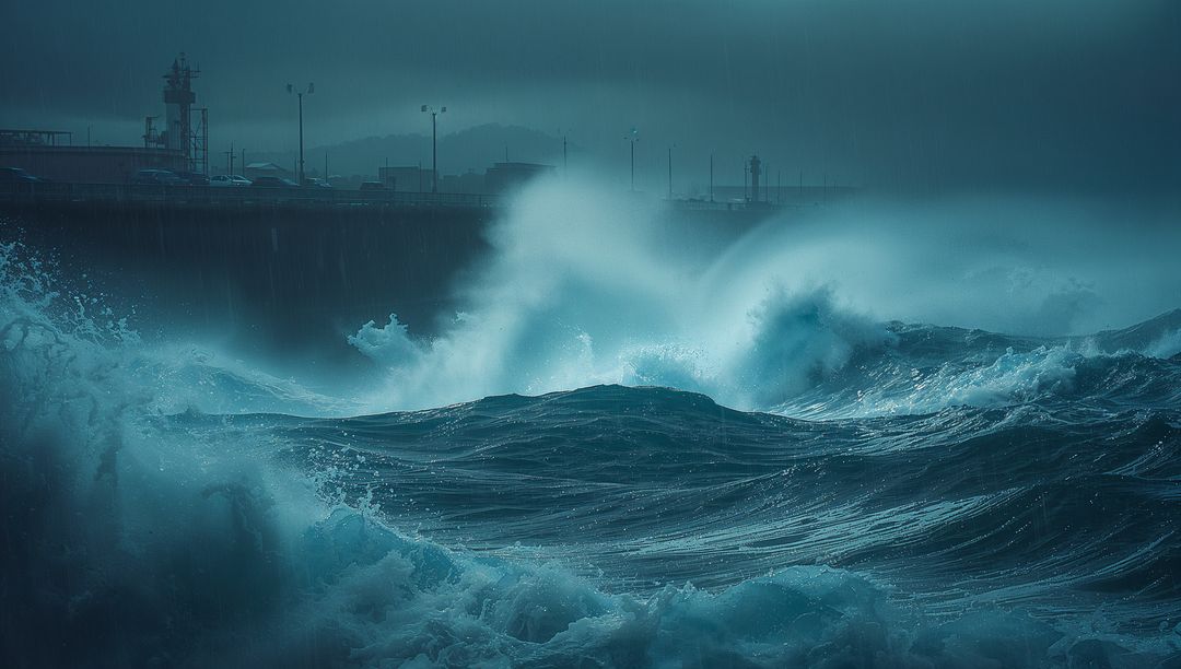 Stormy Ocean Waves Crashing on Harbour Breakwater in Dim Light