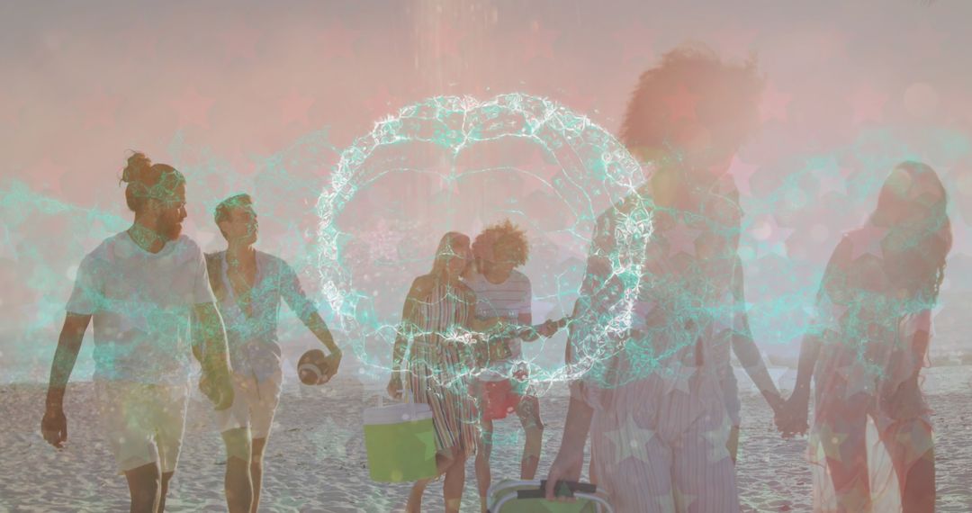 Friends Enjoying Sunset Walk on Beach with American Flag