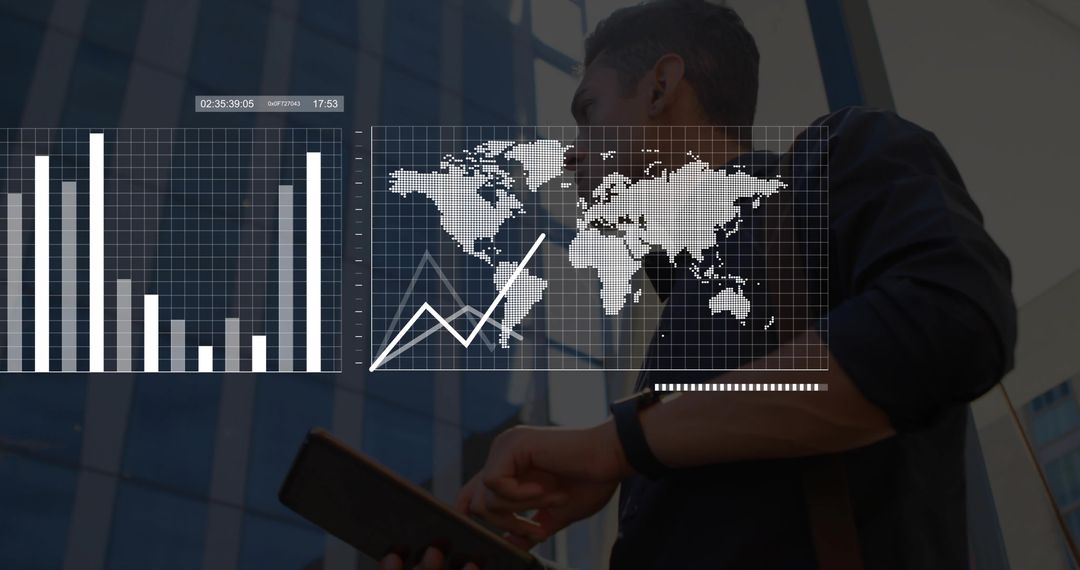 Executive Using Tablet and Smartwatch with Global Data Overlays on Urban Glass Facade