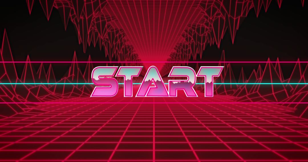 Retro Futuristic Start Text in Neon Digital Tunnel