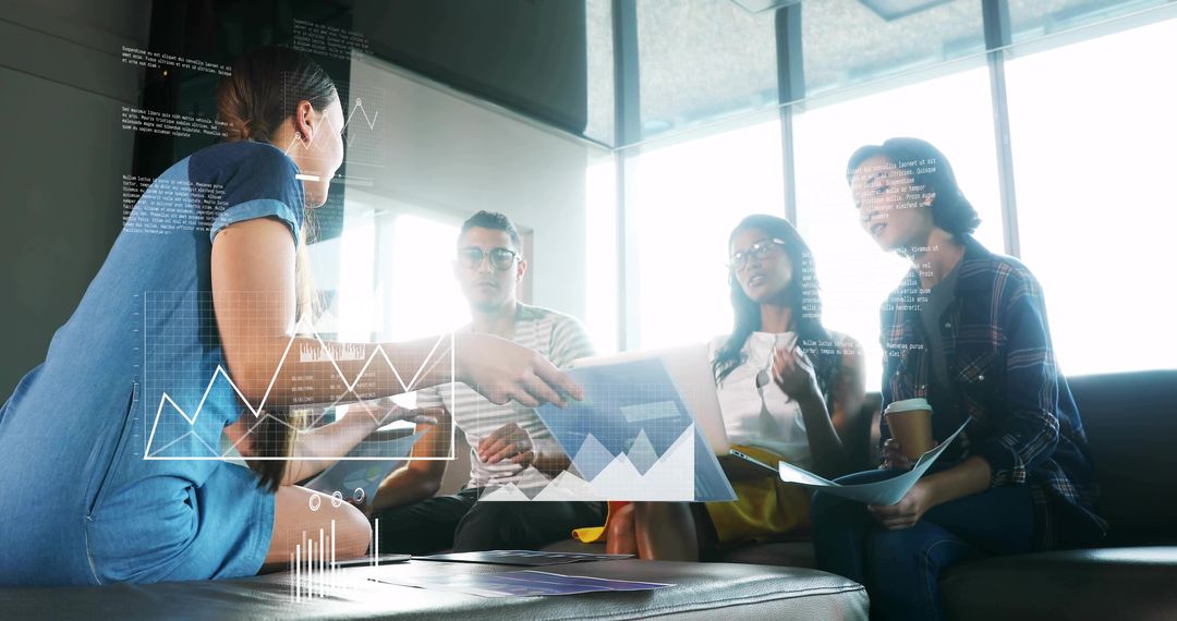 Multicultural Team Presenting Data Insights and Visual Analytics in Modern Office Lounge