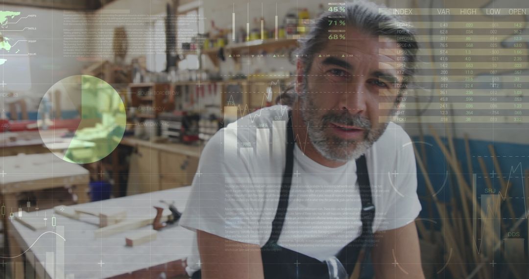 Artisan Analyzing Workstream in Woodworking Workshop with Virtual Overlay