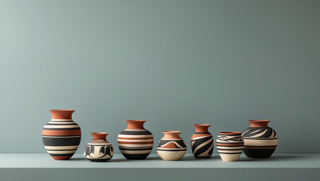 Native american ceramic vases with geometric patterns on shelf against teal-gray wall