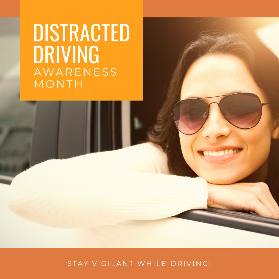 Smiling Woman Promoting Distracted Driving Awareness in Car