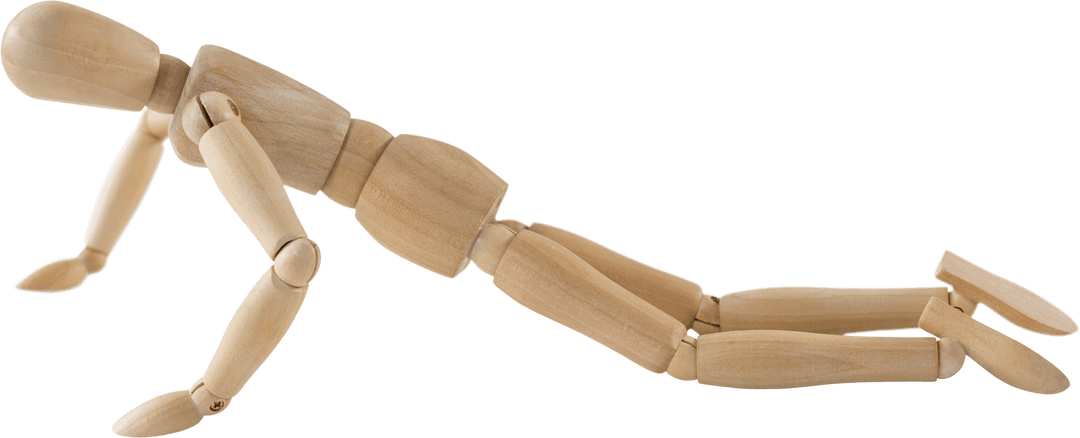 Wooden Figure Exercising in Push-Up Position on Transparent Background