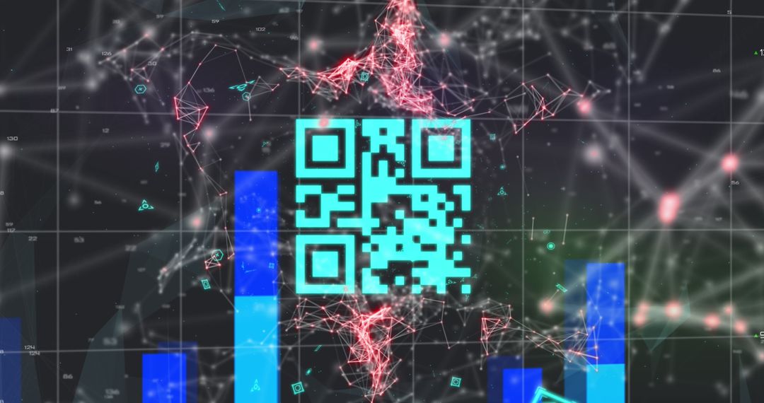 Futuristic QR Code Overlaid on Digital Network Background