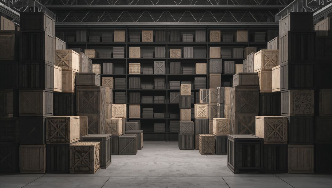 Stacking wooden crates forming central aisle with metal shelving in warehouse