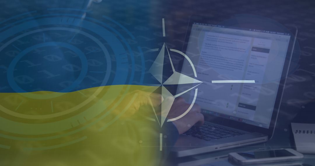 Cybersecurity Conflict Overlaid with NATO and Ukraine Flags