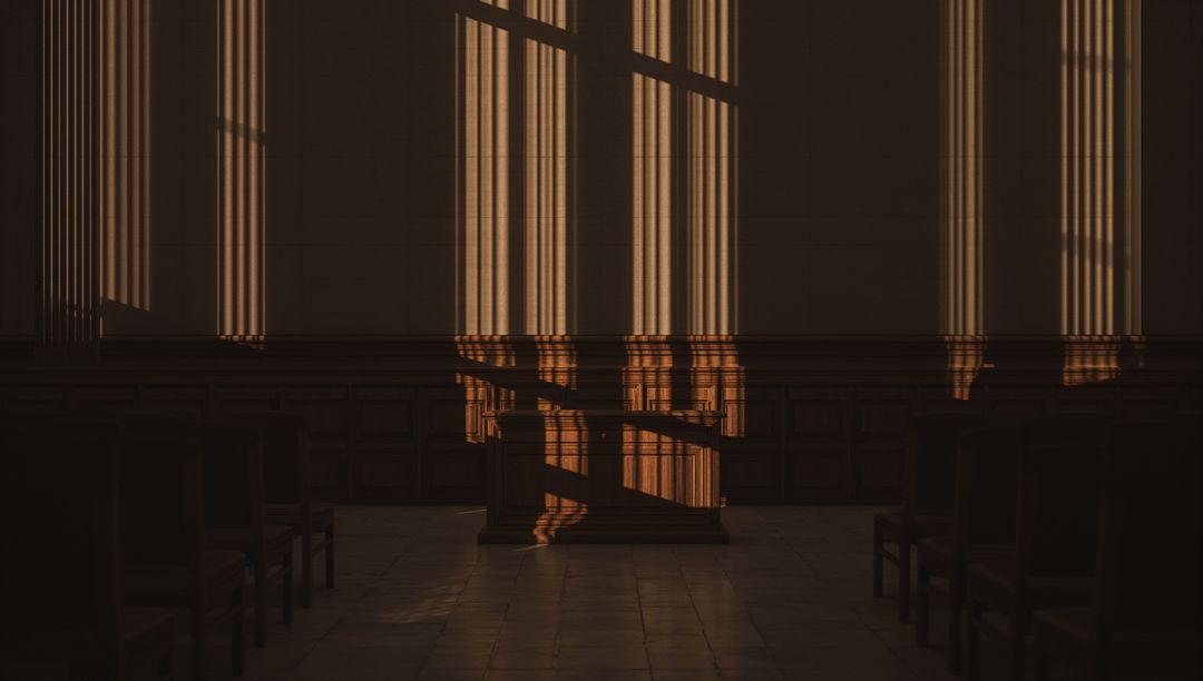 Sunlit Chapel Pulpit Casting Striped Shadows Across Wooden Lectern and Nave