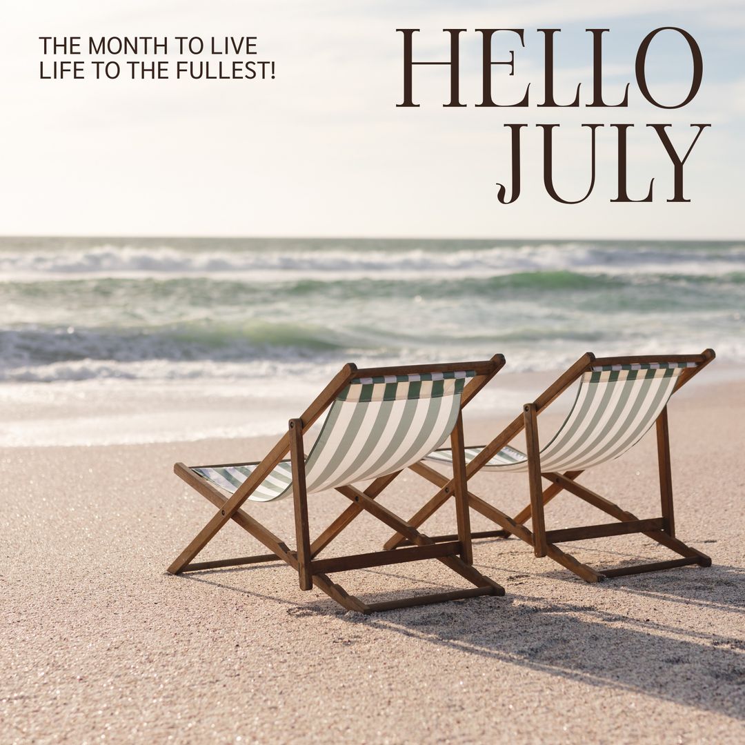 Two Deckchairs on Sandy Beach During July
