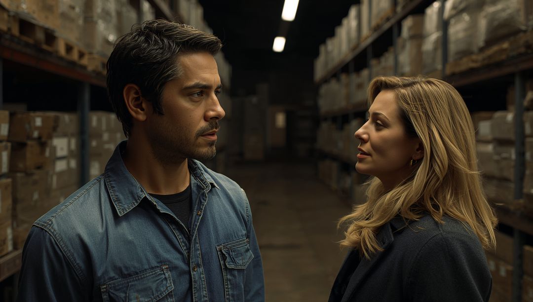 Co-Workers Discussing Tasks in Warehouse with Inventory Boxes