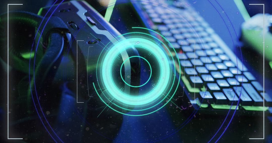 Futuristic Interface Overlay on Gaming Setup
