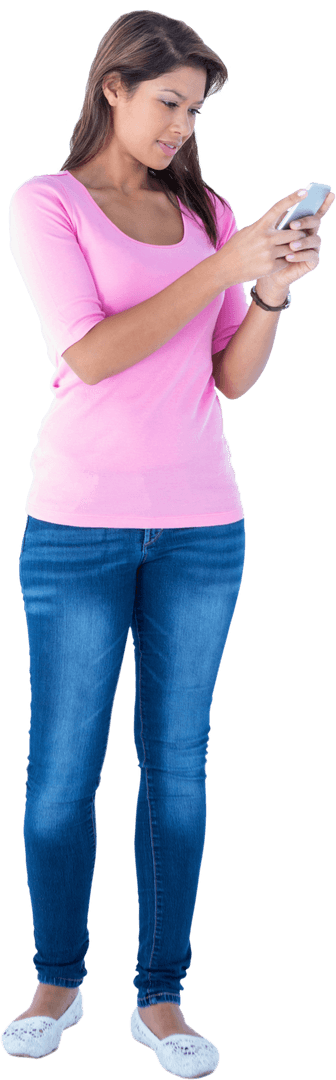 Full Length Transparent Woman Using Smartphone Relaxed Pose