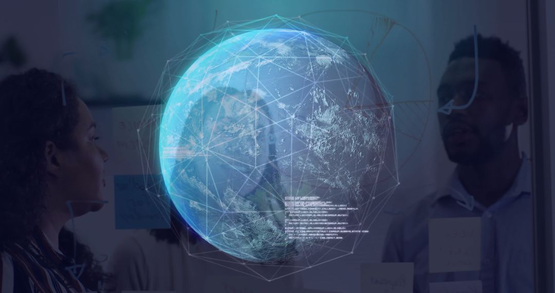 Data Analysts Analyzing Holographic Earth in Modern Office