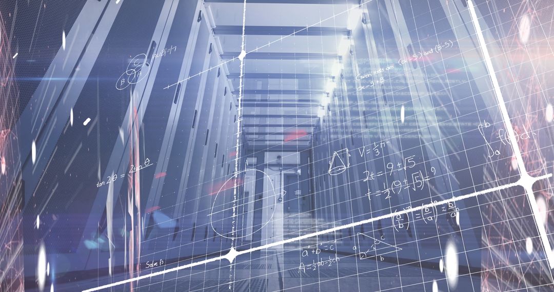 Futuristic Data Center Corridor with Mathematical Overlay