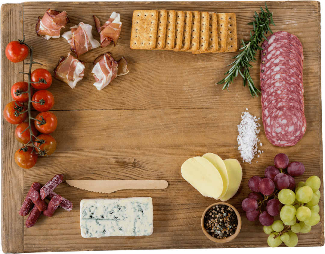 Transparent View of Cured Meats and Cheeses on Rustic Wood Board
