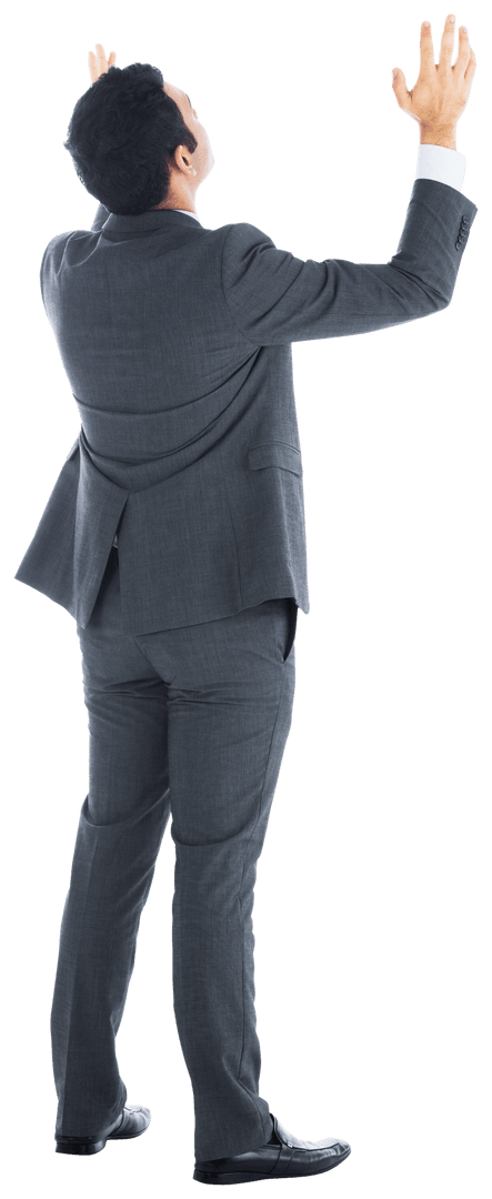 Transparent Businessman Reaching Up in Suit Back View