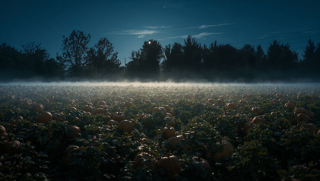 Moonlit Pumpkin Patch with Mystical Mist and Clouds