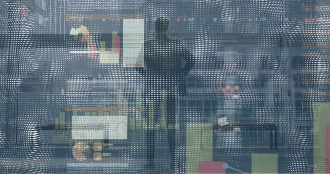 Silhouetted Businessman Analyzing Digital Data Interface in Modern Office