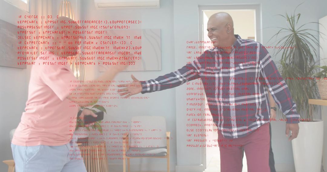 Two men greeting and shaking hands in modern living room with red code overlay and device