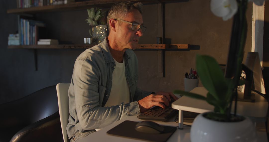 Mature Man Working Late on Computer in Home Office - Free Images, Stock Photos and Pictures on Pikwizard.com