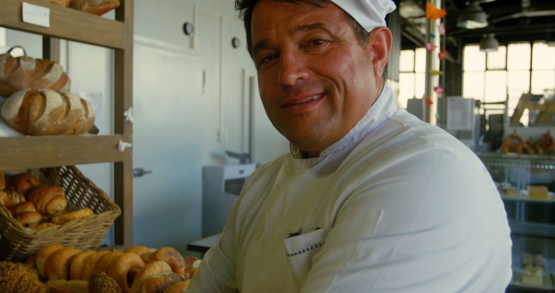 Smiling Baker Posing in Artisan Bakery Kitchen - Free Images, Stock Photos and Pictures on Pikwizard.com