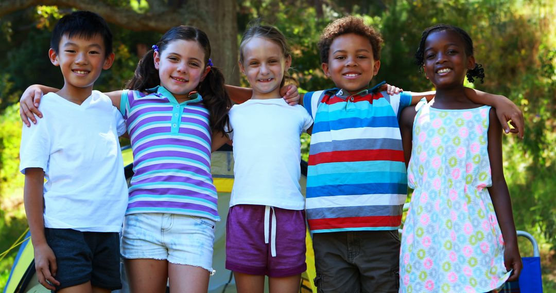 Diverse group of children outdoors posing with arms around each other - Free Images, Stock Photos and Pictures on Pikwizard.com