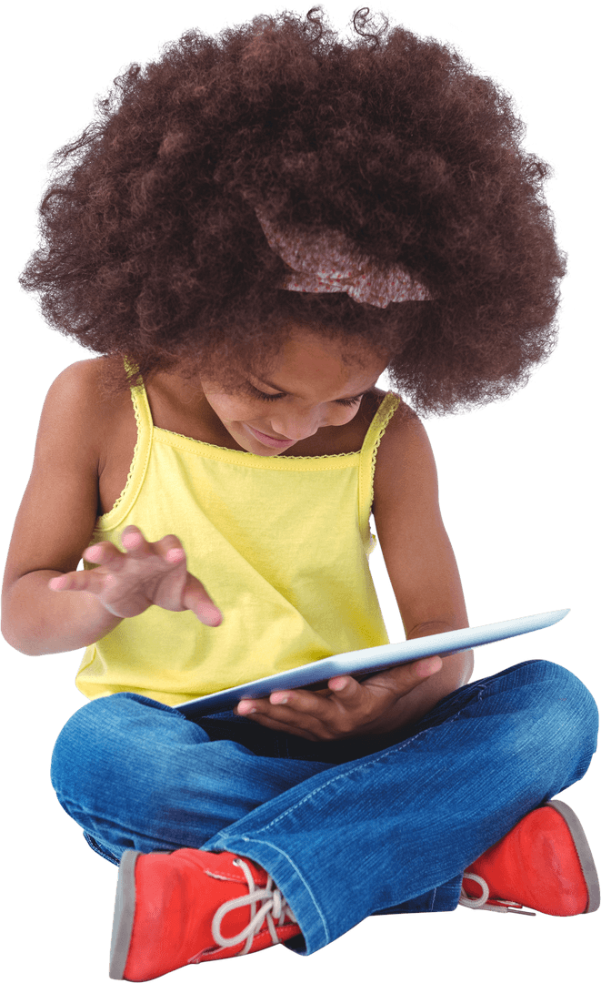 Happy Girl Sitting with Tablet on Transparent Background