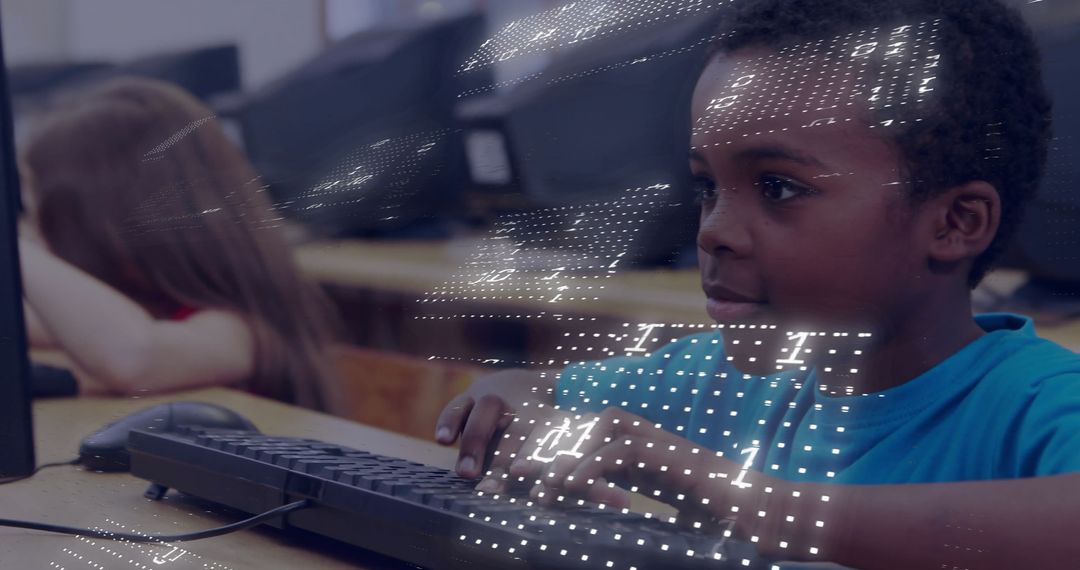 Young Boy Coding in Computer Lab with Digital Overlay