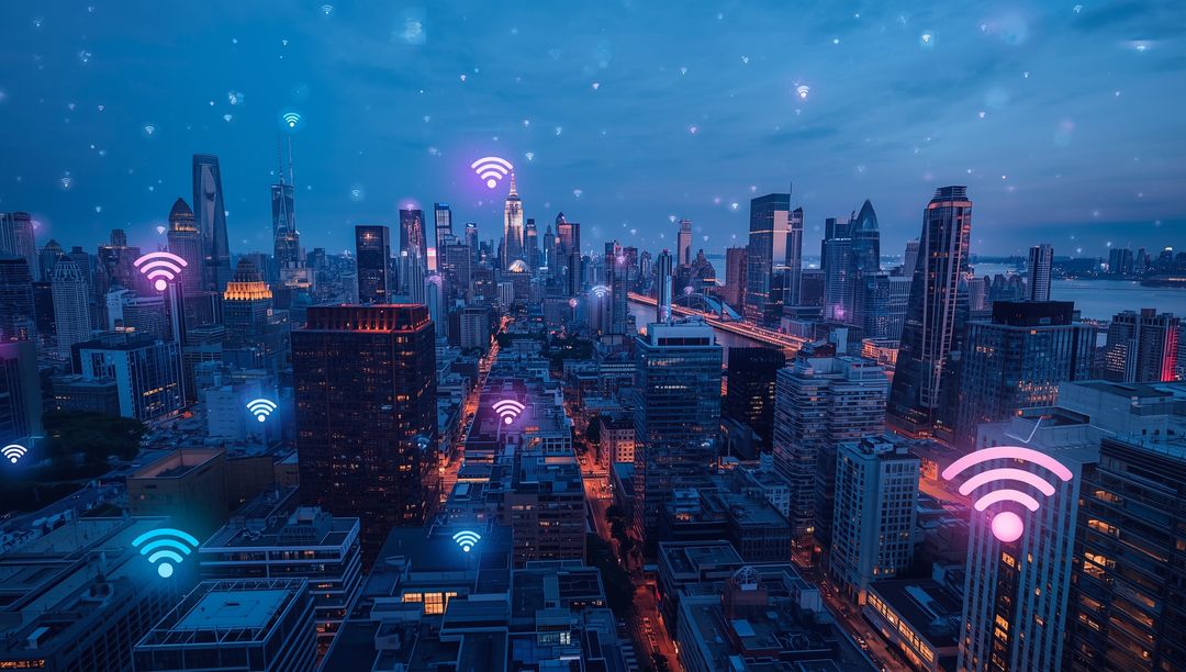 Futuristic Cityscape with Neon Wifi Symbol Overlay, Illuminated Buildings