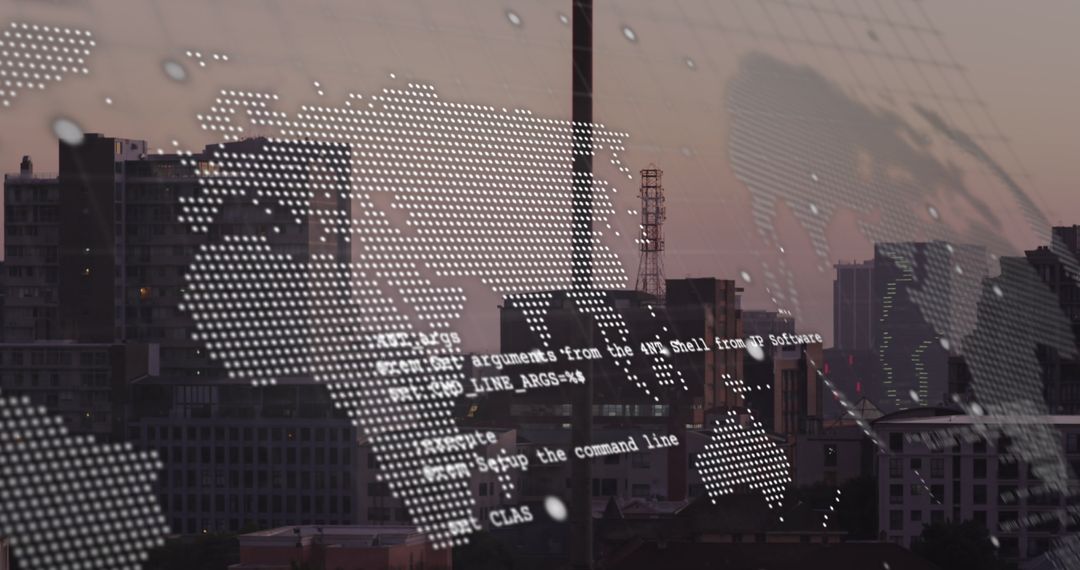 Digital World Map with Cityscape Highlighting Global Technology