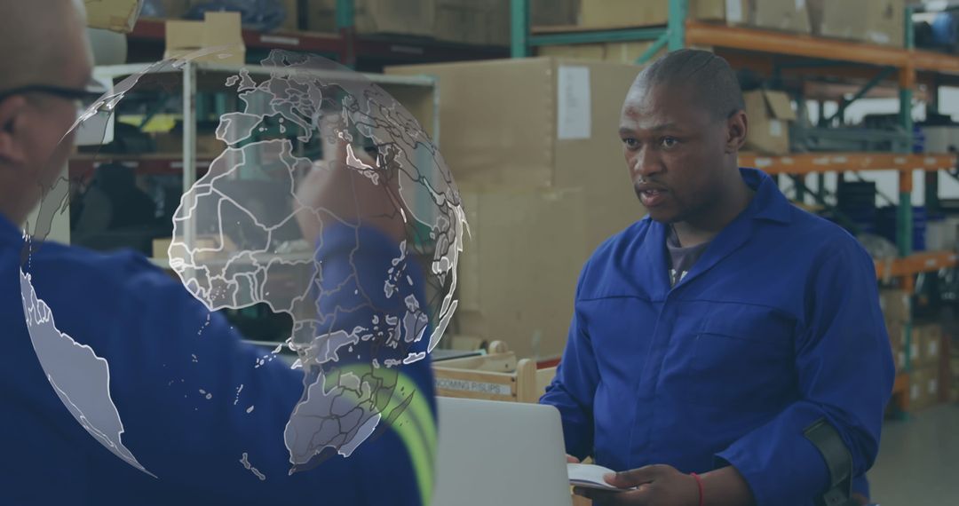 Workers in Warehouse with Digital World Globe Overlay Technology