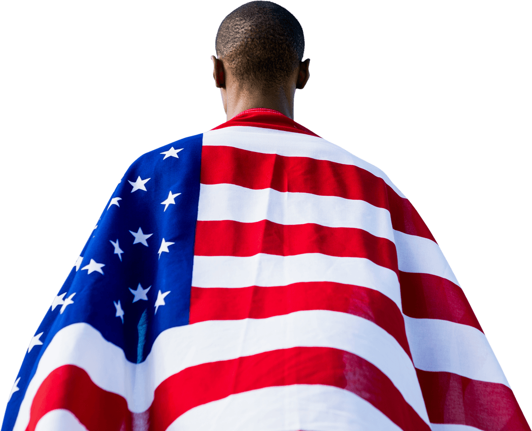 Back View of Man Draped in US Flag on Transparent Background
