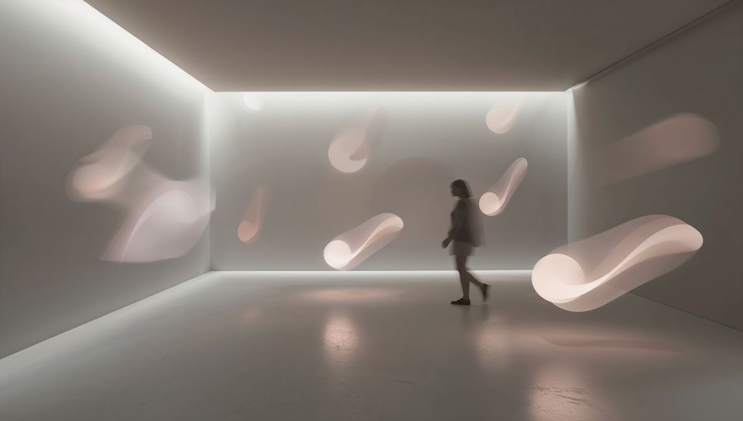 Walking silhouette in minimalist gallery with floating luminous installations, LED glow
