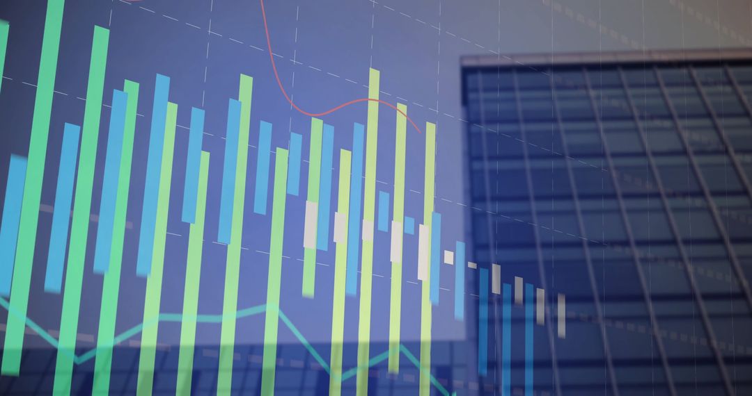 Digital Graph and Chart Reflections on Glass Office Building