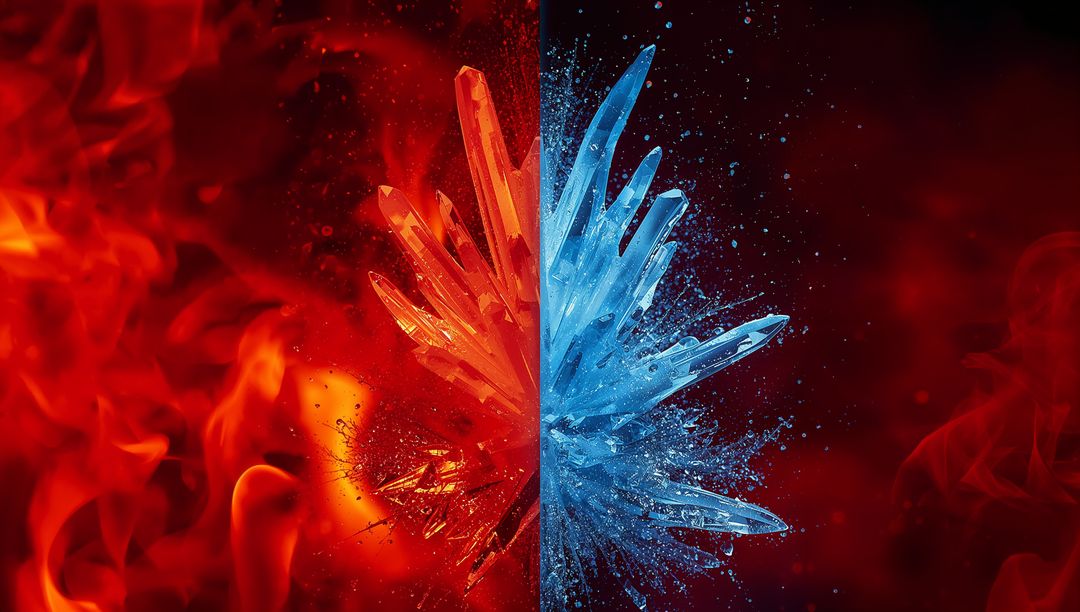Dual Fire and Ice Crystal Splitting Red and Blue Halves with Neon Glow and Particles