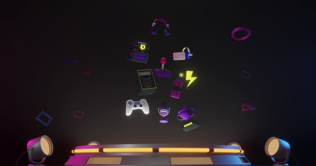 Virtual Gaming Symbols in Neon with Spotlights