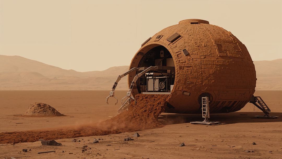 Spherical Mars Lander Excavating Regolith with Robotic Arms on Red Desert Horizon