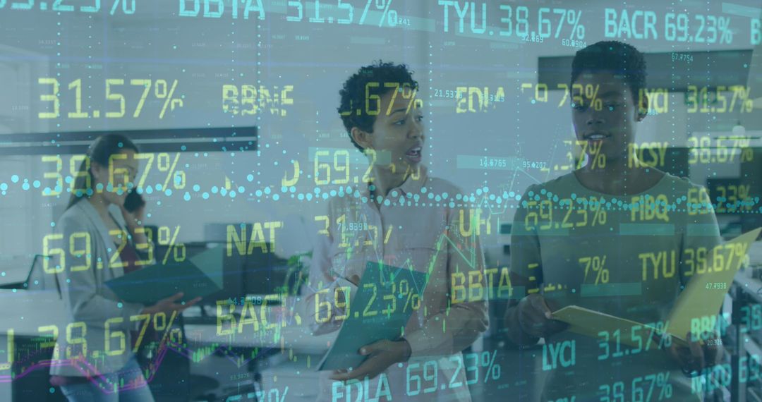 Diverse Coworkers Analyzing Stock Market Data in Office Environment