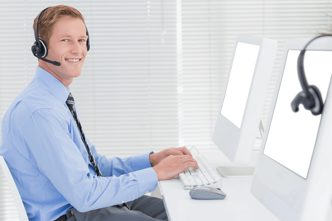 Transparent Background Businessman Typing at Computer Desk