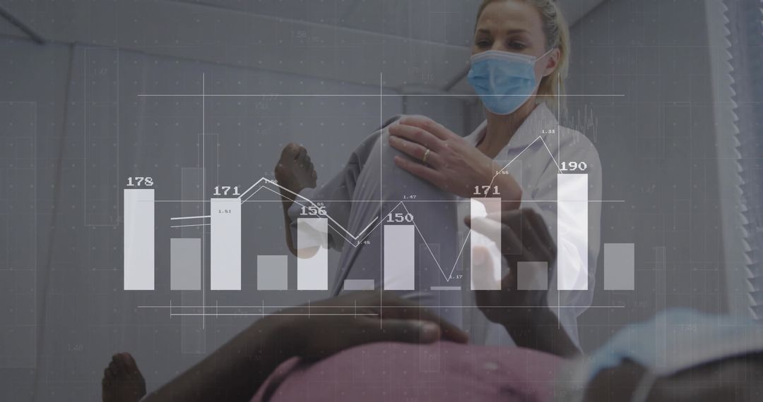 Masked Medical Professional Analyzing Patient with Data Overlay